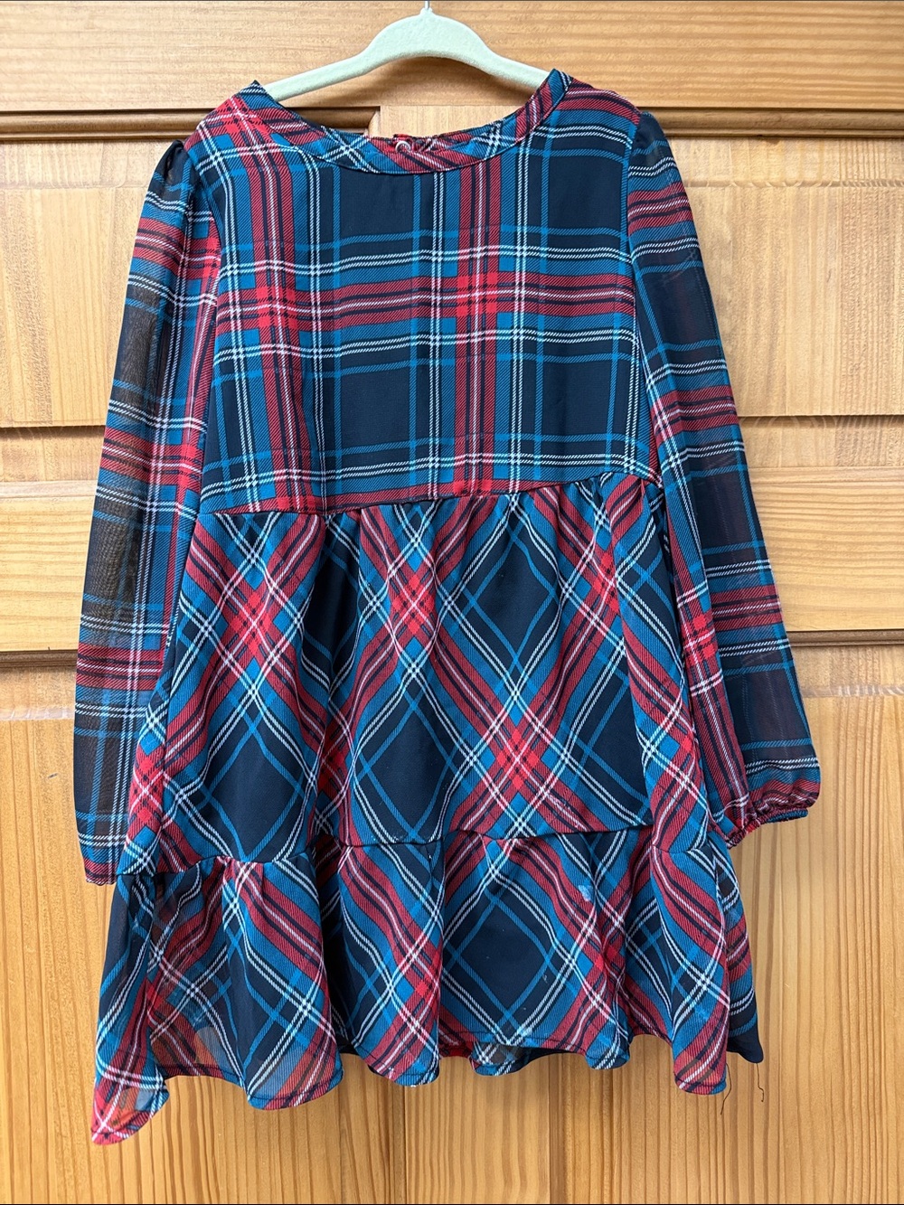 Girls Black and Red Plaid Tiered Long-Sleeve Dress